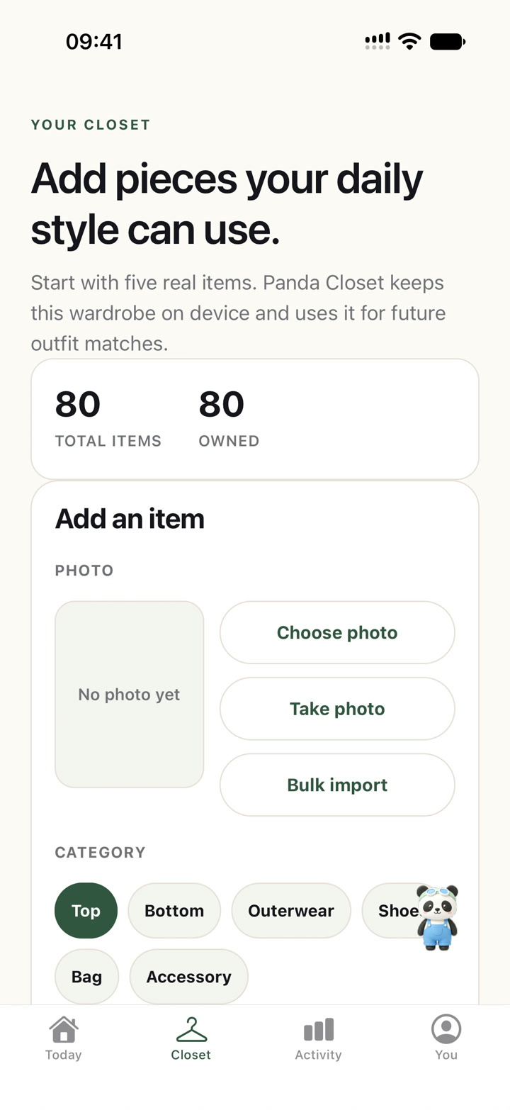 Panda Closet import screen with a real 80-item on-device wardrobe