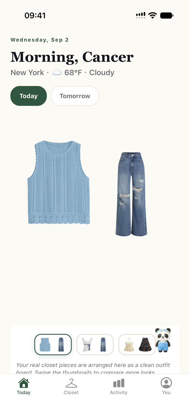 Daily outfit suggestion made from real wardrobe pieces and local weather